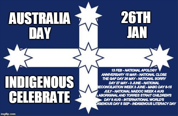 eureka flag | 26TH 
JAN; AUSTRALIA DAY; 13 FEB - NATIONAL APOLOGY ANNIVERSARY 15 MAR - NATIONAL CLOSE THE GAP DAY 26 MAY - NATIONAL SORRY DAY 27 MAY - 3 JUNE - NATIONAL RECONCILIATION WEEK 3 JUNE - MABO DAY 8-15 JULY - NATIONAL NAIDOC WEEK 4 AUG - ABORIGINAL AND TORRES STRAIT CHILDREN'S DAY 9 AUG - INTERNATIONAL WORLD'S INDIGENOUS DAY 5 SEP - INDIGENOUS LITERACY DAY; INDIGENOUS CELEBRATE | image tagged in eureka flag | made w/ Imgflip meme maker
