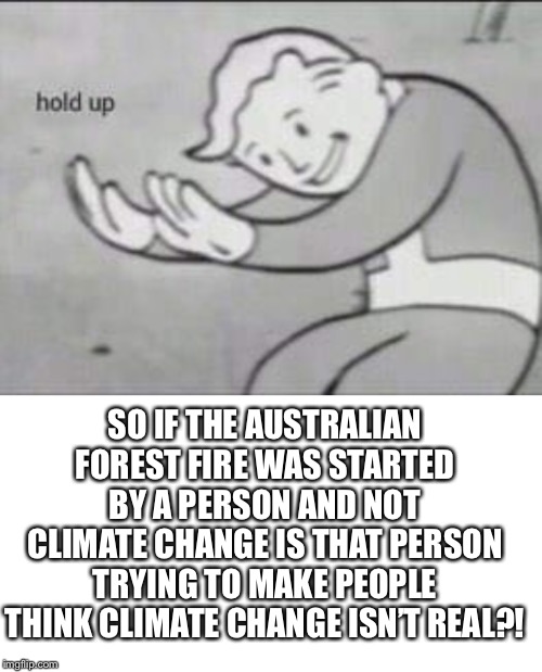 SO IF THE AUSTRALIAN FOREST FIRE WAS STARTED BY A PERSON AND NOT CLIMATE CHANGE IS THAT PERSON TRYING TO MAKE PEOPLE THINK CLIMATE CHANGE ISN’T REAL?! | image tagged in blank white template,fallout hold up | made w/ Imgflip meme maker