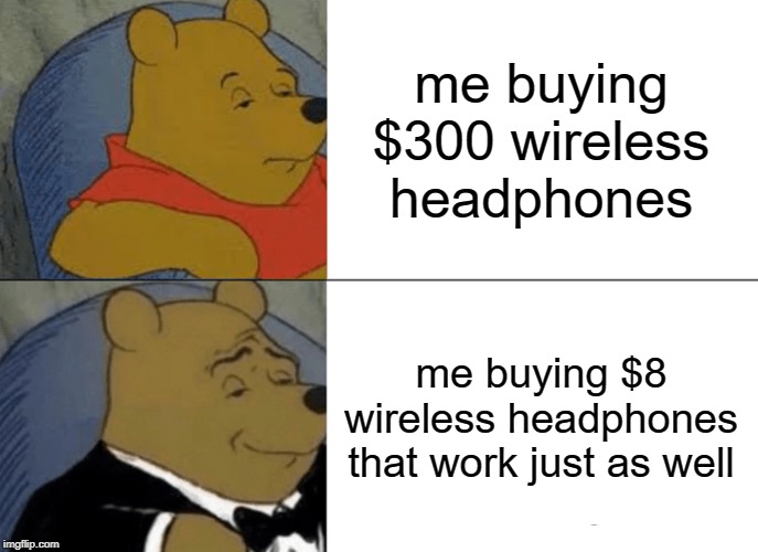 Tuxedo Winnie The Pooh | me buying $300 wireless headphones; me buying $8 wireless headphones that work just as well | image tagged in memes,tuxedo winnie the pooh | made w/ Imgflip meme maker