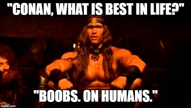 conan crush your enemies | "CONAN, WHAT IS BEST IN LIFE?"; "BOOBS. ON HUMANS." | image tagged in conan crush your enemies | made w/ Imgflip meme maker