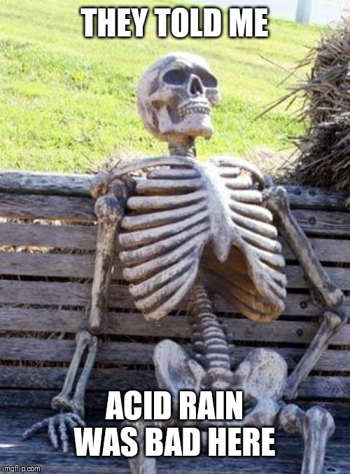 Waiting Skeleton Meme | THEY TOLD ME; ACID RAIN WAS BAD HERE | image tagged in memes,waiting skeleton | made w/ Imgflip meme maker