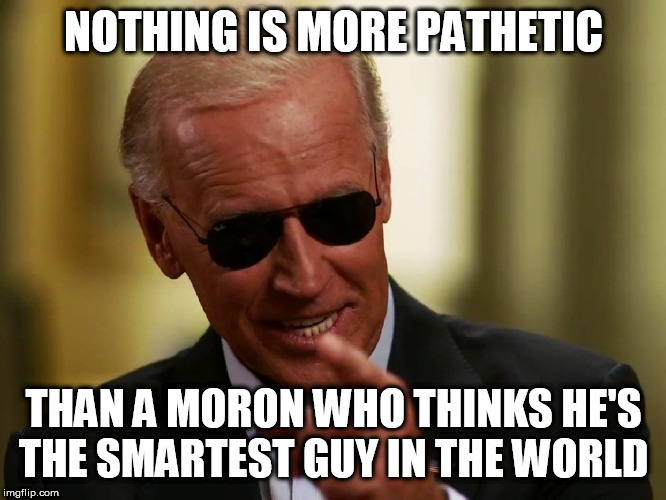 Cool Joe Biden | NOTHING IS MORE PATHETIC; THAN A MORON WHO THINKS HE'S THE SMARTEST GUY IN THE WORLD | image tagged in cool joe biden | made w/ Imgflip meme maker