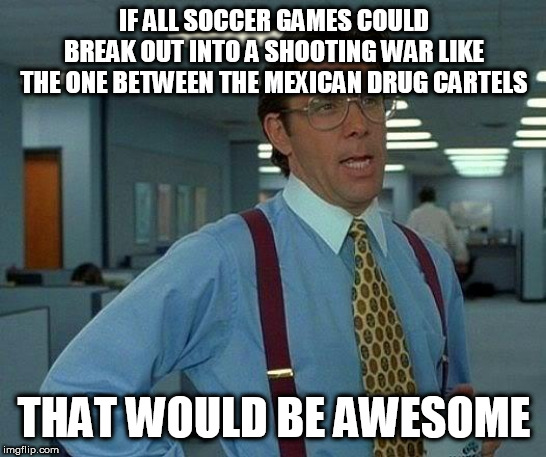 That Would Be Great | IF ALL SOCCER GAMES COULD BREAK OUT INTO A SHOOTING WAR LIKE THE ONE BETWEEN THE MEXICAN DRUG CARTELS; THAT WOULD BE AWESOME | image tagged in memes,that would be great | made w/ Imgflip meme maker