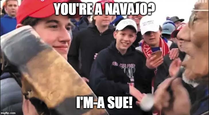 Nick Sandmann | YOU'RE A NAVAJO? I'M-A SUE! | image tagged in nick sandmann | made w/ Imgflip meme maker