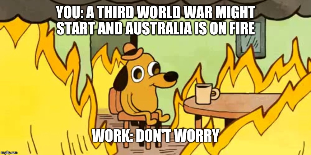 Dog on fire | YOU: A THIRD WORLD WAR MIGHT START AND AUSTRALIA IS ON FIRE; WORK: DON'T WORRY | image tagged in dog on fire,iran,usa,australia,climate change,global warming | made w/ Imgflip meme maker