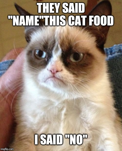 Grumpy Cat Meme | THEY SAID "NAME"THIS CAT FOOD; I SAID "NO" | image tagged in memes,grumpy cat | made w/ Imgflip meme maker