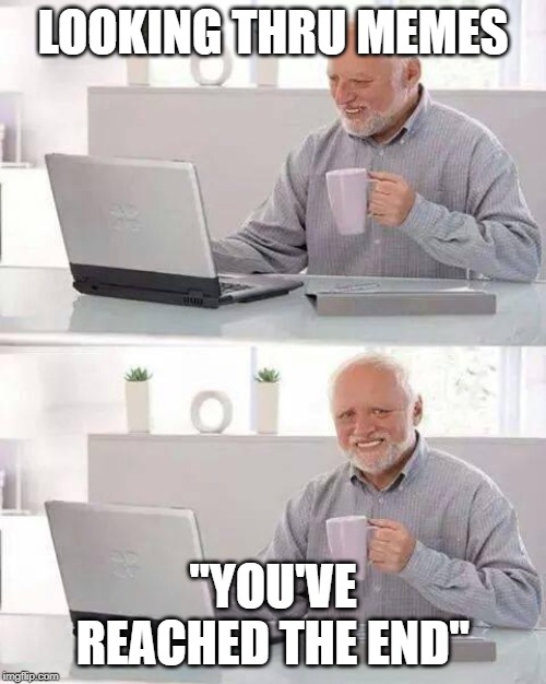 Hide the Pain Harold | LOOKING THRU MEMES; "YOU'VE REACHED THE END" | image tagged in memes,hide the pain harold | made w/ Imgflip meme maker