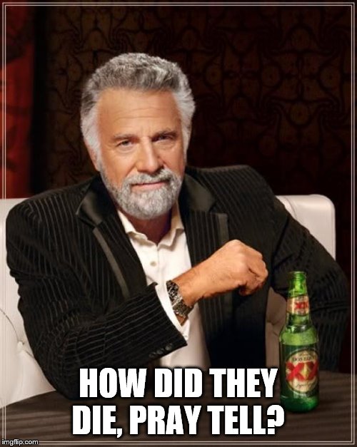 The Most Interesting Man In The World Meme | HOW DID THEY DIE, PRAY TELL? | image tagged in memes,the most interesting man in the world | made w/ Imgflip meme maker