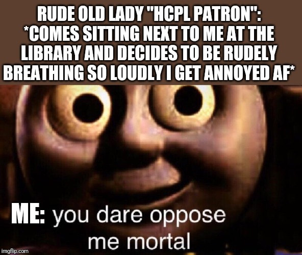 Next time this shit happens to me I'm moving because I won't stand for this shit omfg wtf just.AAAAAAAAAAAARRRGGGHHHH!!!! | RUDE OLD LADY "HCPL PATRON": *COMES SITTING NEXT TO ME AT THE LIBRARY AND DECIDES TO BE RUDELY BREATHING SO LOUDLY I GET ANNOYED AF*; ME: | image tagged in you dare oppose me mortal,memes | made w/ Imgflip meme maker