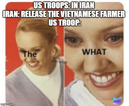 The WHAT | US TROOPS: IN IRAN 
IRAN: RELEASE THE VIETNAMESE FARMER 
US TROOP: | image tagged in the what | made w/ Imgflip meme maker