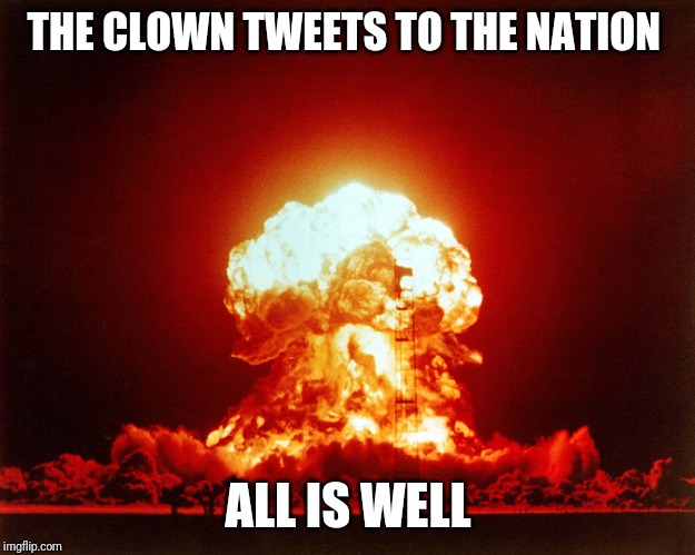 Dump Drumpf | THE CLOWN TWEETS TO THE NATION; ALL IS WELL | image tagged in memes,impeach trump,political meme,face you make robert downey jr | made w/ Imgflip meme maker