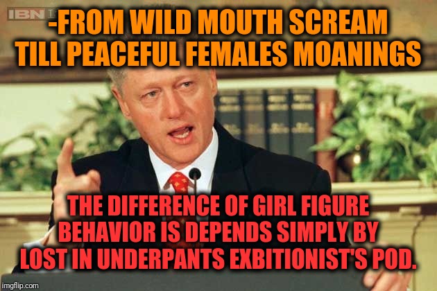 -Such expensed skill which so slowly collecting. | -FROM WILD MOUTH SCREAM TILL PEACEFUL FEMALES MOANINGS; THE DIFFERENCE OF GIRL FIGURE BEHAVIOR IS DEPENDS SIMPLY BY LOST IN UNDERPANTS EXBITIONIST'S POD. | image tagged in bill clinton - sexual relations,public,female logic,not so pleasant surprise,wish,behavior | made w/ Imgflip meme maker