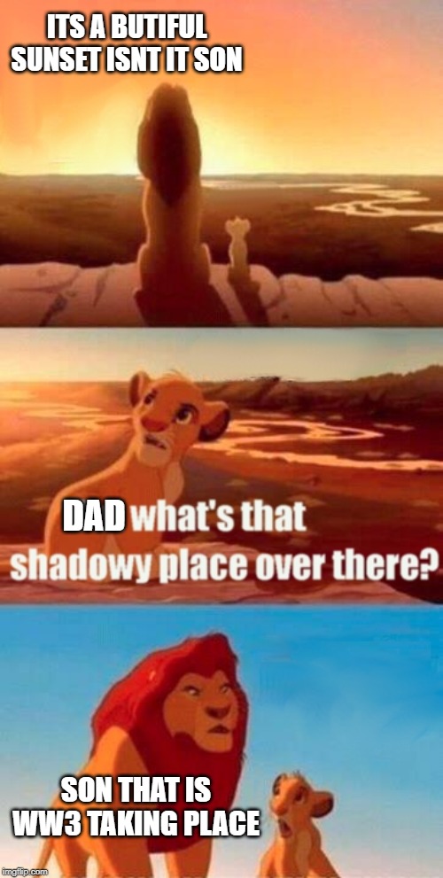 Simba Shadowy Place | ITS A BUTIFUL SUNSET ISNT IT SON; DAD; SON THAT IS WW3 TAKING PLACE | image tagged in memes,simba shadowy place | made w/ Imgflip meme maker