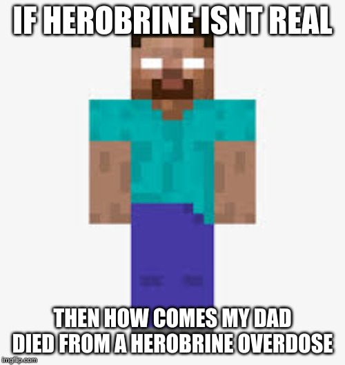 Herobrine | IF HEROBRINE ISNT REAL; THEN HOW COMES MY DAD DIED FROM A HEROBRINE OVERDOSE | image tagged in herobrine | made w/ Imgflip meme maker