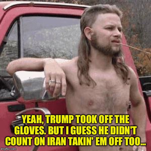 almost redneck | YEAH, TRUMP TOOK OFF THE GLOVES. BUT I GUESS HE DIDN'T COUNT ON IRAN TAKIN' EM OFF TOO... | image tagged in almost redneck | made w/ Imgflip meme maker