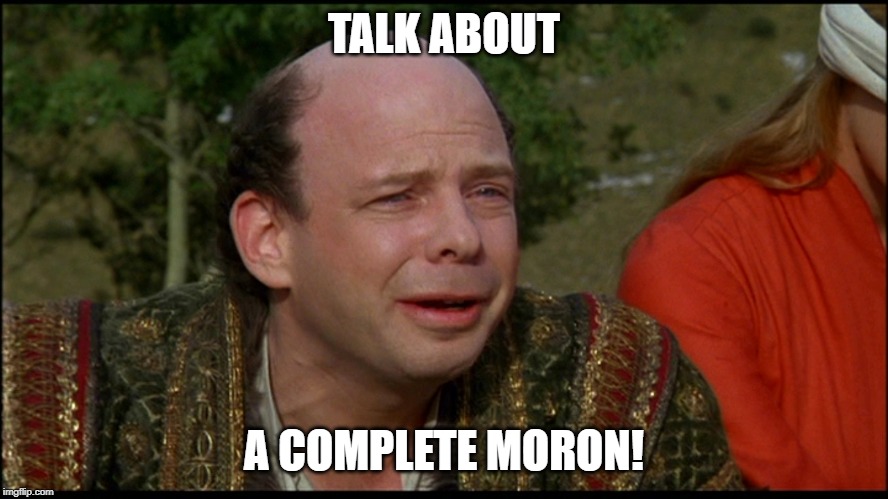 princess bride morons | TALK ABOUT A COMPLETE MORON! | image tagged in princess bride morons | made w/ Imgflip meme maker
