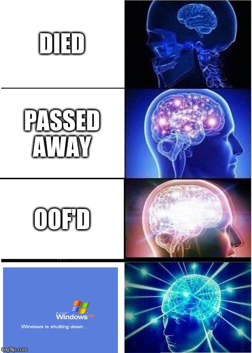 Expanding Brain | DIED; PASSED AWAY; OOF'D | image tagged in memes,expanding brain | made w/ Imgflip meme maker