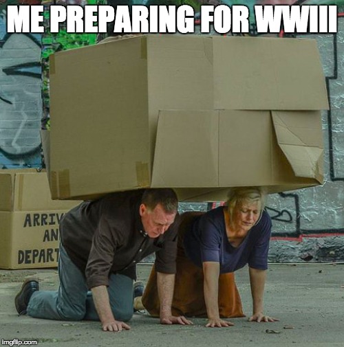cardboard gear flimsy |  ME PREPARING FOR WWIII | image tagged in metal gear solid,snake,wwiii,ww3,memes,2 player | made w/ Imgflip meme maker