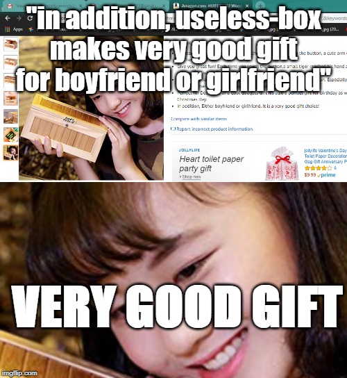 useless box | "in addition, useless-box makes very good gift for boyfriend or girlfriend"; VERY GOOD GIFT | image tagged in funny memes,memes | made w/ Imgflip meme maker