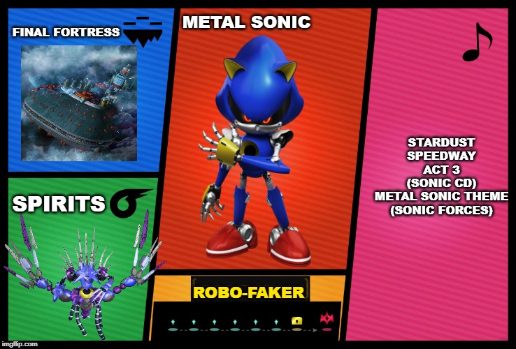 Aw yeah | FINAL FORTRESS; METAL SONIC; STARDUST SPEEDWAY ACT 3
(SONIC CD)

METAL SONIC THEME
(SONIC FORCES); SPIRITS; ROBO-FAKER | image tagged in smash ultimate dlc fighter profile,super smash bros,dlc,sonic the hedgehog | made w/ Imgflip meme maker