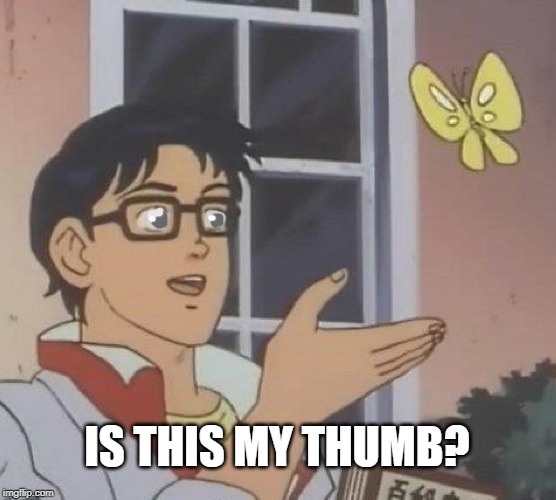 Is This A Pigeon | IS THIS MY THUMB? | image tagged in memes,is this a pigeon | made w/ Imgflip meme maker