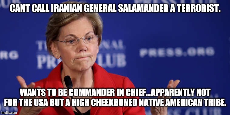 Pow Wow Chow for the Iranian Mullahs? | CANT CALL IRANIAN GENERAL SALAMANDER A TERRORIST. WANTS TO BE COMMANDER IN CHIEF...APPARENTLY NOT FOR THE USA BUT A HIGH CHEEKBONED NATIVE AMERICAN TRIBE. | image tagged in elizabeth warren,oh really,loser,liberal logic,idiot,maga | made w/ Imgflip meme maker