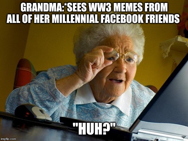Grandma Finds The Internet | GRANDMA:*SEES WW3 MEMES FROM ALL OF HER MILLENNIAL FACEBOOK FRIENDS; "HUH?" | image tagged in memes,grandma finds the internet | made w/ Imgflip meme maker
