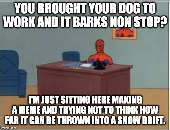 Spiderman Computer Desk | YOU BROUGHT YOUR DOG TO WORK AND IT BARKS NON STOP? I'M JUST SITTING HERE MAKING A MEME AND TRYING NOT TO THINK HOW FAR IT CAN BE THROWN INTO A SNOW DRIFT. | image tagged in memes,spiderman computer desk,spiderman | made w/ Imgflip meme maker