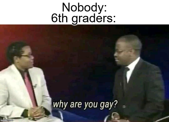 Why are you gay? | Nobody:; 6th graders: | image tagged in why are you gay,funny,memes,gay,middle school,nobody | made w/ Imgflip meme maker