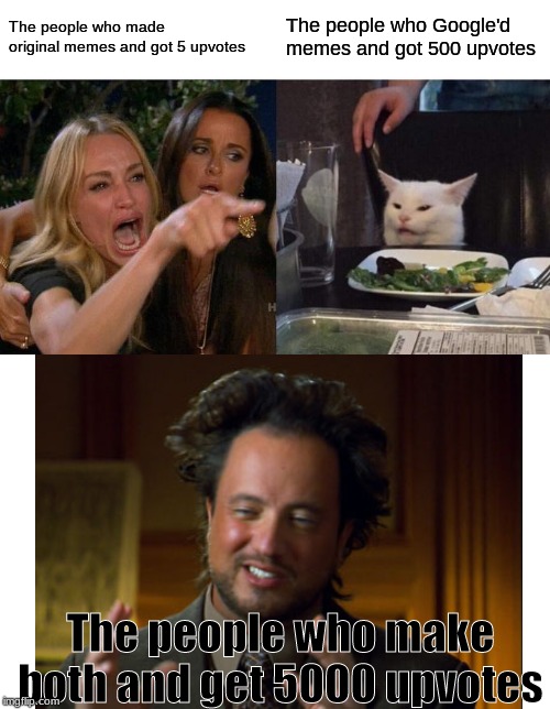 memers on imgflip... | The people who made original memes and got 5 upvotes; The people who Google'd memes and got 500 upvotes; The people who make both and get 5000 upvotes | image tagged in memes,woman yelling at cat,ancient aliens | made w/ Imgflip meme maker