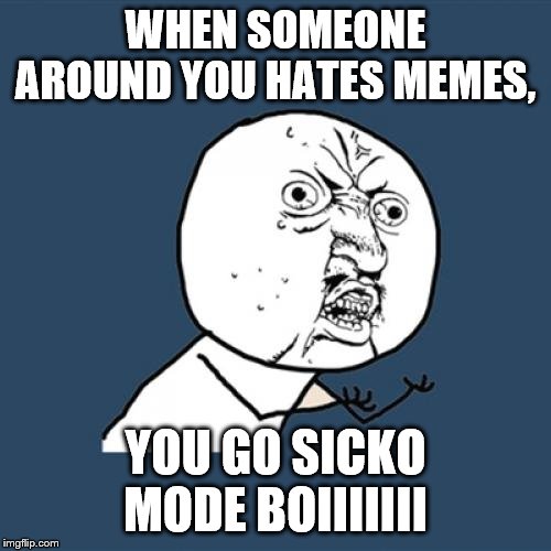 Y U No Meme | WHEN SOMEONE AROUND YOU HATES MEMES, YOU GO SICKO MODE BOIIIIIII | image tagged in memes,y u no | made w/ Imgflip meme maker