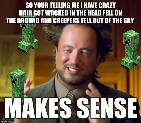 Ancient Aliens Meme | SO YOUR TELLING ME I HAVE CRAZY HAIR GOT WACKED IN THE HEAD FELL ON THE GROUND AND CREEPERS FELL OUT OF THE SKY; MAKES SENSE | image tagged in memes,ancient aliens | made w/ Imgflip meme maker