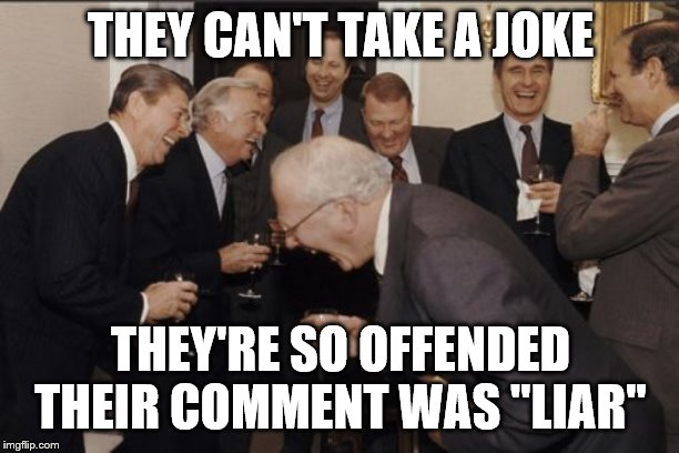 Laughing Men In Suits Meme | THEY CAN'T TAKE A JOKE THEY'RE SO OFFENDED THEIR COMMENT WAS "LIAR" | image tagged in memes,laughing men in suits | made w/ Imgflip meme maker