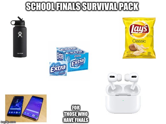 Blank White Template | SCHOOL FINALS SURVIVAL PACK; FOR THOSE WHO HAVE FINALS | image tagged in blank white template | made w/ Imgflip meme maker