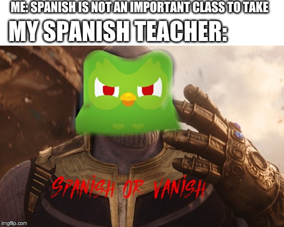SPANISH OR VANISH | ME: SPANISH IS NOT AN IMPORTANT CLASS TO TAKE; MY SPANISH TEACHER: | image tagged in spanish or vanish,memes,duolingo,duolingo bird,spanish,thanos snap | made w/ Imgflip meme maker