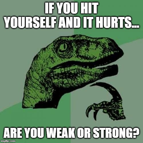 Philosoraptor Meme | IF YOU HIT YOURSELF AND IT HURTS... ARE YOU WEAK OR STRONG? | image tagged in memes,philosoraptor | made w/ Imgflip meme maker