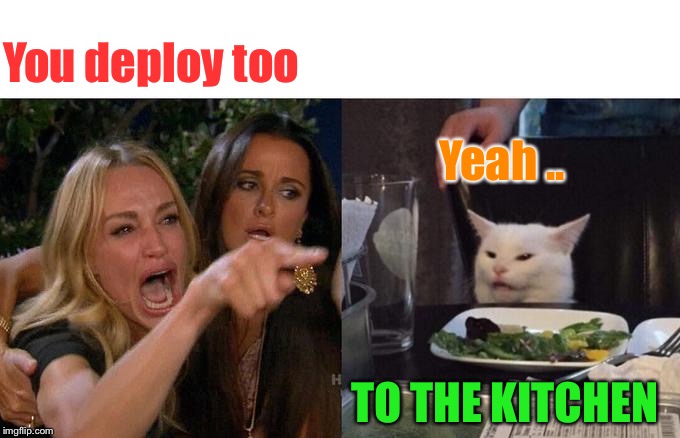Woman Yelling At Cat Meme | You deploy too Yeah .. TO THE KITCHEN | image tagged in memes,woman yelling at cat | made w/ Imgflip meme maker
