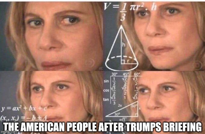 Math lady/Confused lady | THE AMERICAN PEOPLE AFTER TRUMPS BRIEFING | image tagged in math lady/confused lady | made w/ Imgflip meme maker