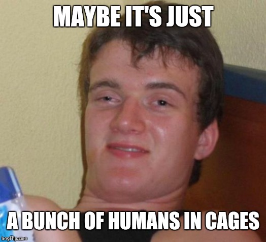 10 Guy Meme | MAYBE IT'S JUST A BUNCH OF HUMANS IN CAGES | image tagged in memes,10 guy | made w/ Imgflip meme maker