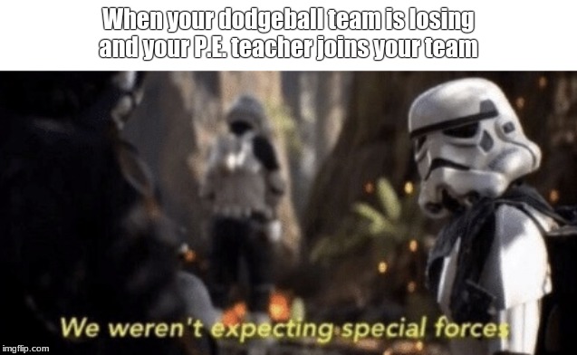 When your dodgeball team is losing and your P.E. teacher joins your team | image tagged in memes | made w/ Imgflip meme maker