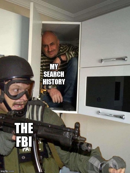 Man hiding in cubboard from SWAT template | MY SEARCH HISTORY THE FBI | image tagged in man hiding in cubboard from swat template | made w/ Imgflip meme maker