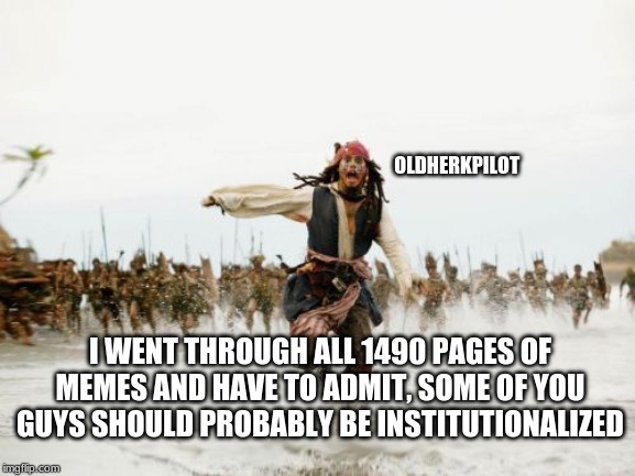 Jack Sparrow Being Chased Meme | OLDHERKPILOT; I WENT THROUGH ALL 1490 PAGES OF MEMES AND HAVE TO ADMIT, SOME OF YOU GUYS SHOULD PROBABLY BE INSTITUTIONALIZED | image tagged in memes,jack sparrow being chased | made w/ Imgflip meme maker