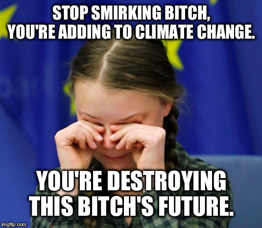 Greta Thunberg Upset | STOP SMIRKING B**CH, YOU'RE ADDING TO CLIMATE CHANGE. YOU'RE DESTROYING THIS B**CH'S FUTURE. | image tagged in greta thunberg upset | made w/ Imgflip meme maker