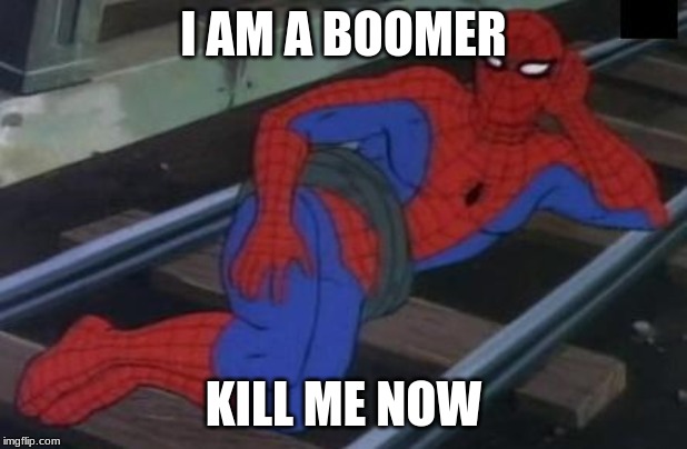 Sexy Railroad Spiderman | I AM A BOOMER; KILL ME NOW | image tagged in memes,sexy railroad spiderman,spiderman | made w/ Imgflip meme maker