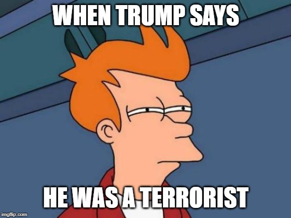 Was he though? | WHEN TRUMP SAYS; HE WAS A TERRORIST | image tagged in memes,futurama fry,trump,terrorist | made w/ Imgflip meme maker