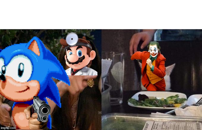 Sonic no doctor mario says no kill | image tagged in memes,woman yelling at cat,super smash bros,joker | made w/ Imgflip meme maker
