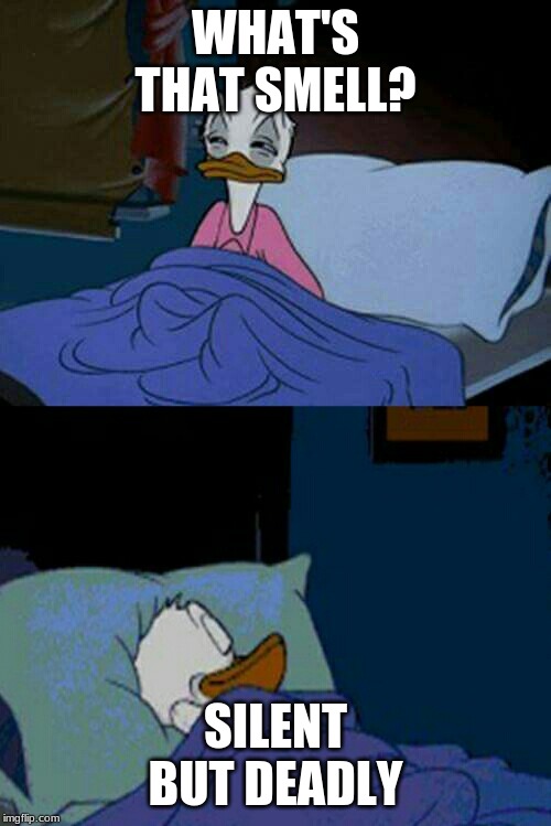 sleepy donald duck in bed | WHAT'S THAT SMELL? SILENT BUT DEADLY | image tagged in sleepy donald duck in bed | made w/ Imgflip meme maker