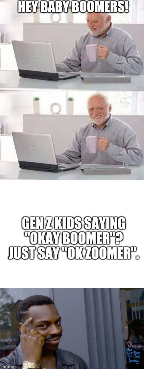 HEY BABY BOOMERS! GEN Z KIDS SAYING "OKAY BOOMER"? JUST SAY "OK ZOOMER". | image tagged in blank white template,memes,hide the pain harold,roll safe think about it,ok boomer | made w/ Imgflip meme maker