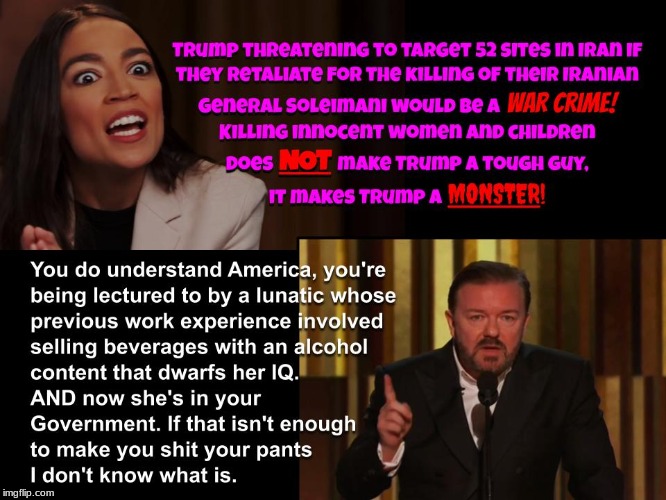 A government founded by geniuses now being ran by idiots like this. Sad doesn't even begin to describe it. | image tagged in ricky gervais,aoc,political,politics | made w/ Imgflip meme maker