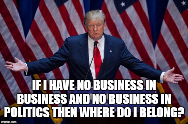 Donald Trump | IF I HAVE NO BUSINESS IN BUSINESS AND NO BUSINESS IN POLITICS THEN WHERE DO I BELONG? | image tagged in donald trump | made w/ Imgflip meme maker